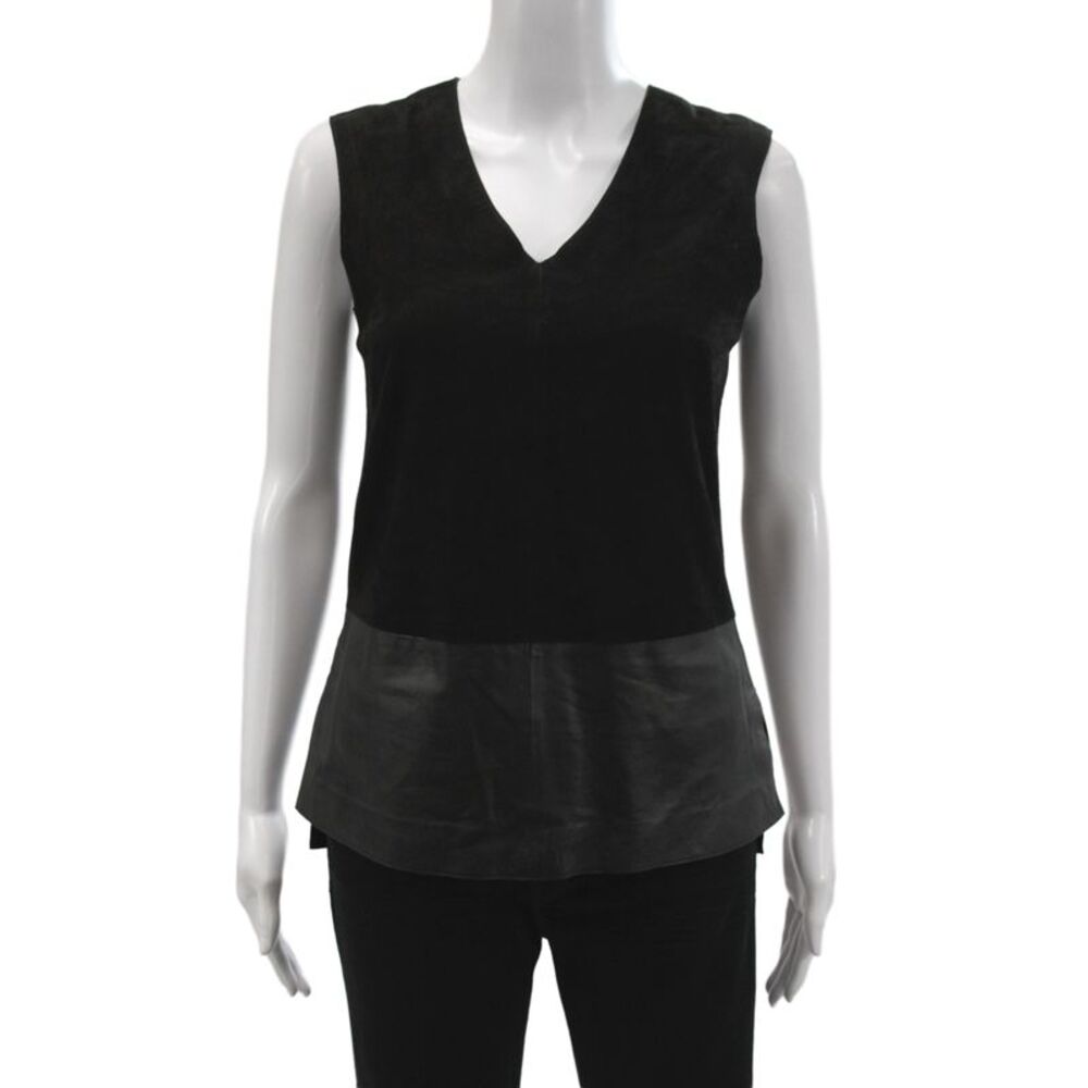 Vince Women Basic Leather Tank Black V-Neck Colorblock Sleeveless Size 0